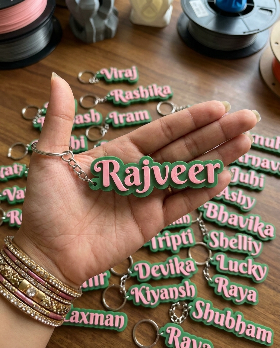 Name Key Chain - Pink Text on Green Base