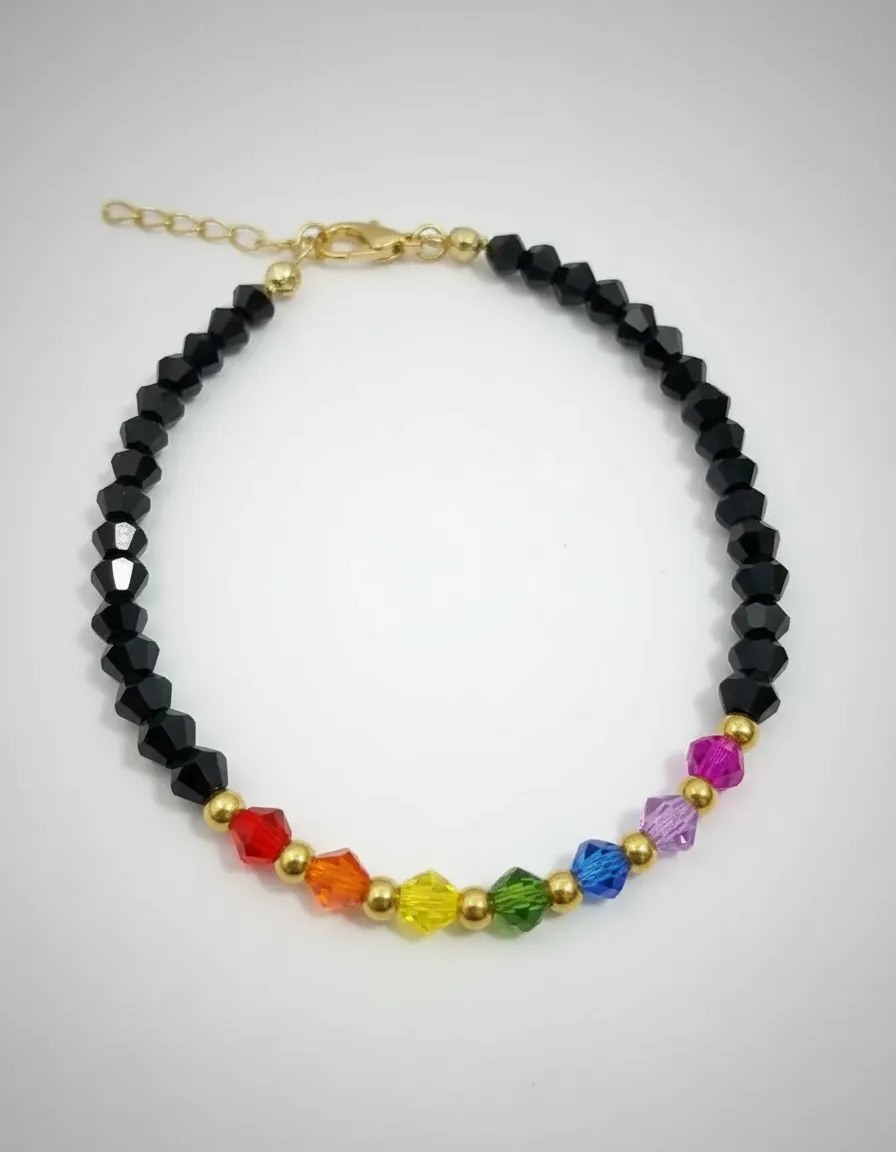 🔮Pulsera "Chakra Balance": Cristal de Roca Negro y Colores Chakra en Acero Quirúrgico Dorado🌌