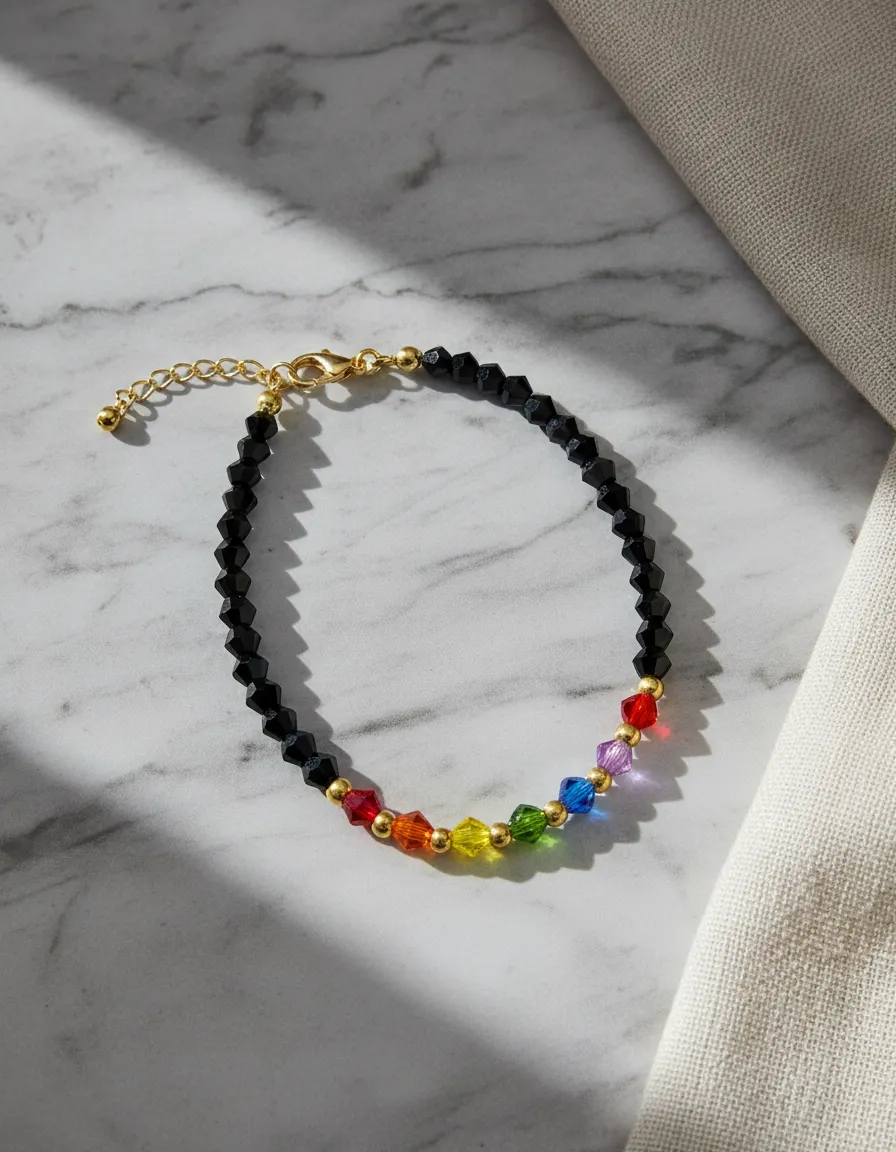 🔮Pulsera "Chakra Balance": Cristal de Roca Negro y Colores Chakra en Acero Quirúrgico Dorado🌌