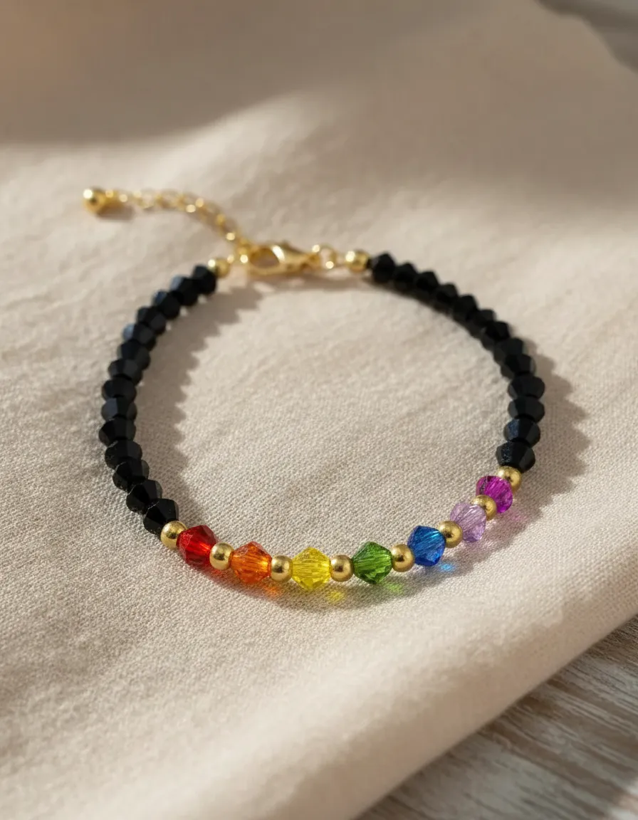 🔮Pulsera "Chakra Balance": Cristal de Roca Negro y Colores Chakra en Acero Quirúrgico Dorado🌌