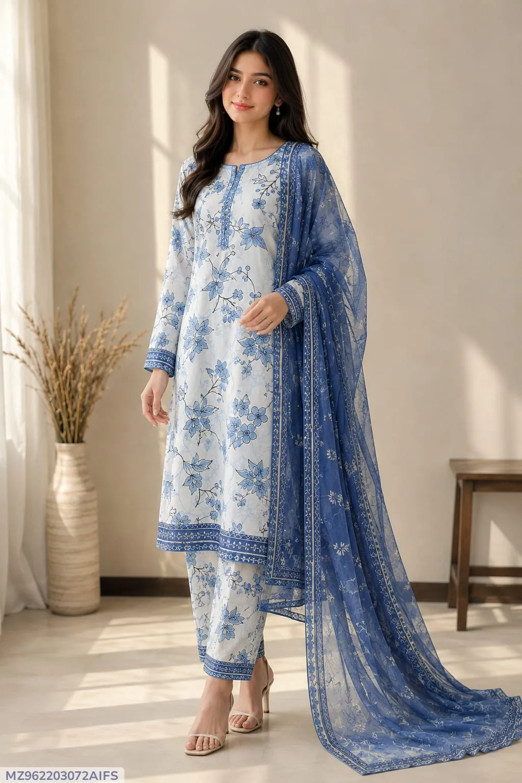 Elegant Blue Floral Lawn Suit