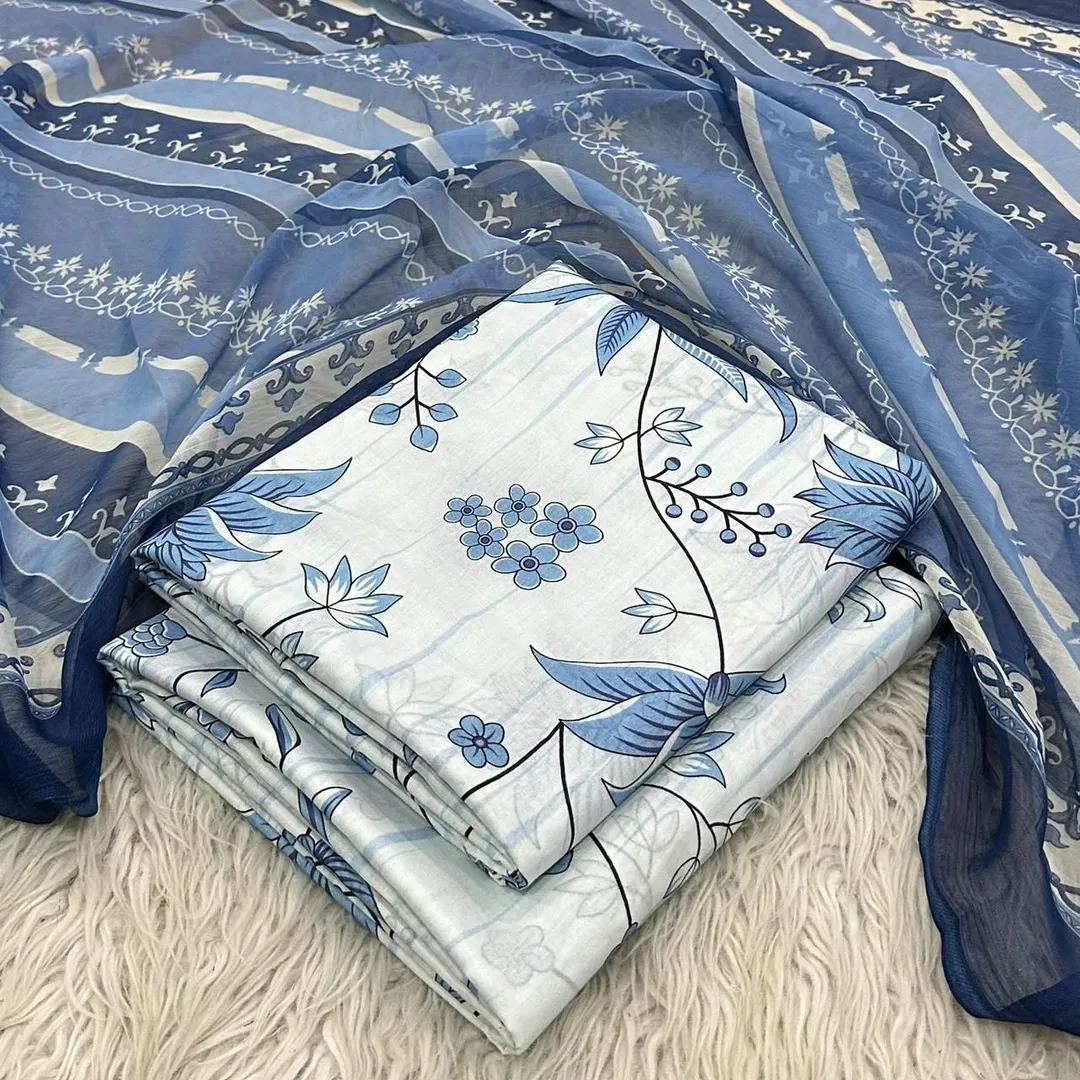Elegant Blue Floral Lawn Suit