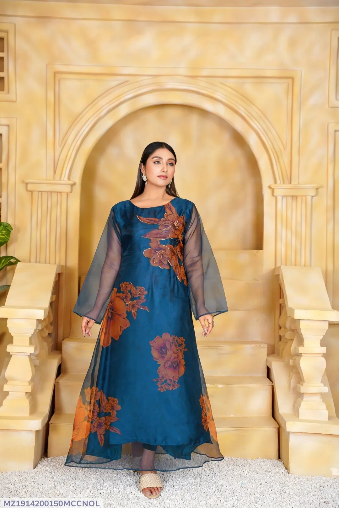 Blue Floral Organza Maxi Dress