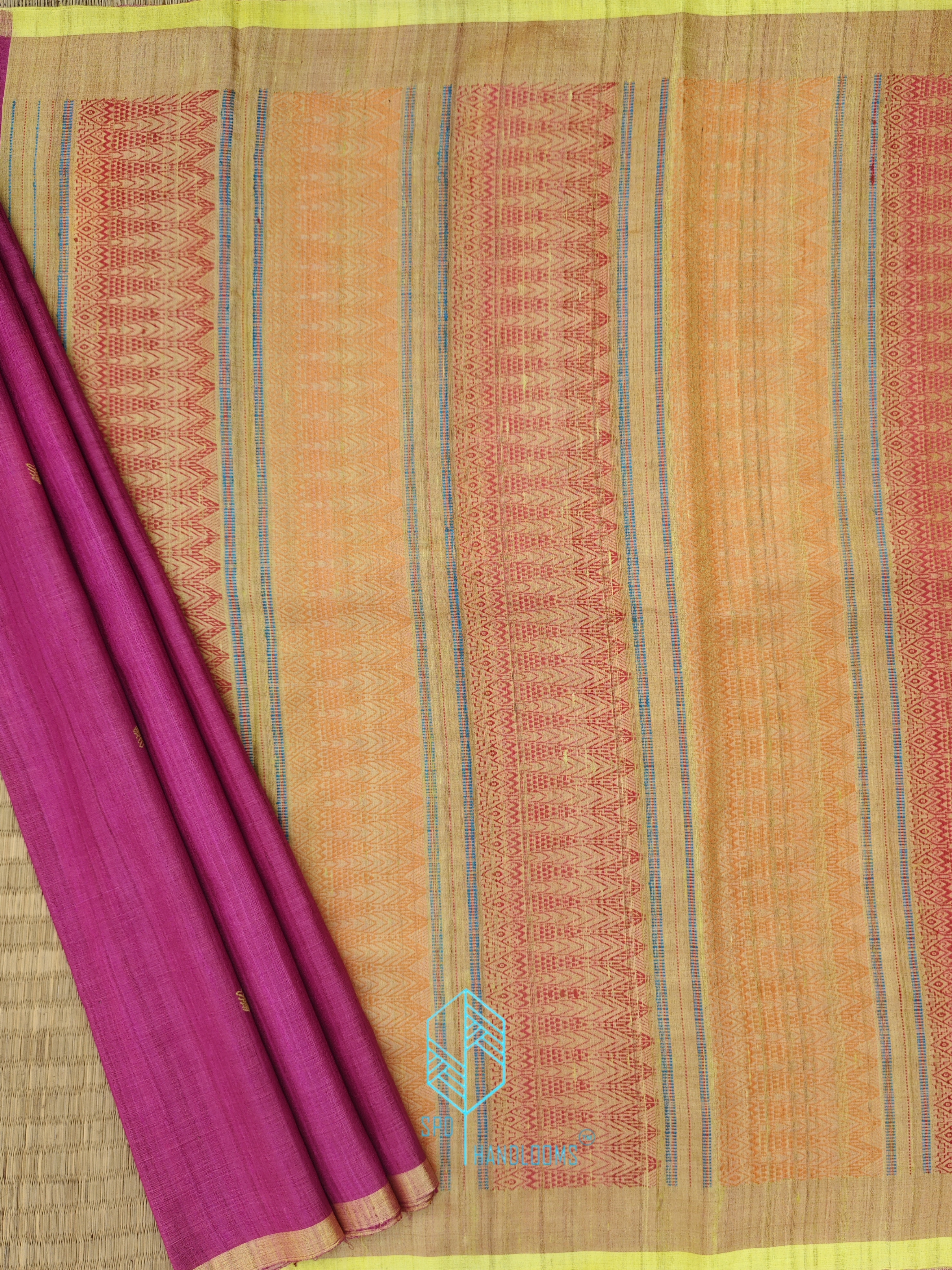 Redish Pink & Yellow Fish Motifs Tussar Saree