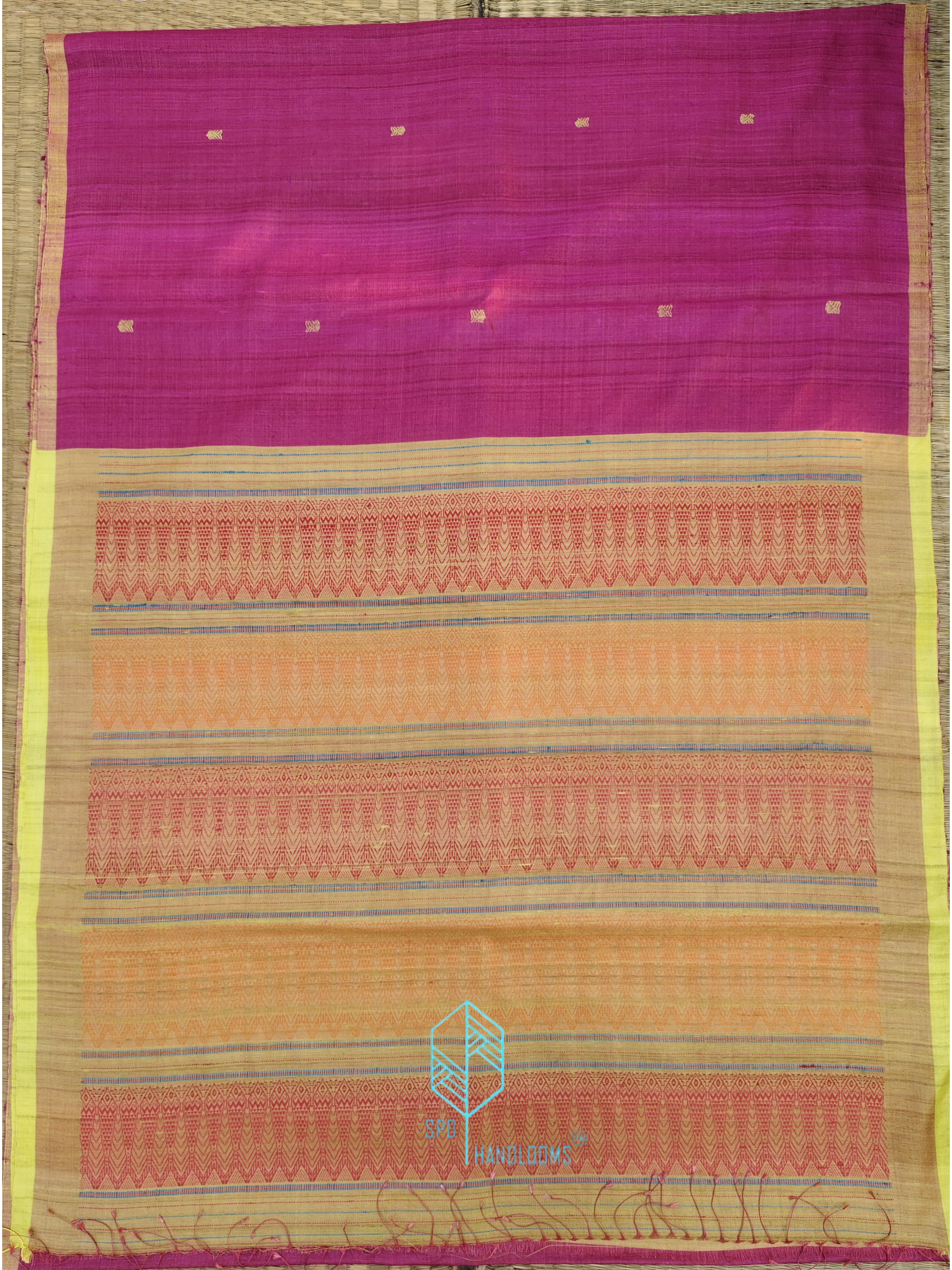 Redish Pink & Yellow Fish Motifs Tussar Saree