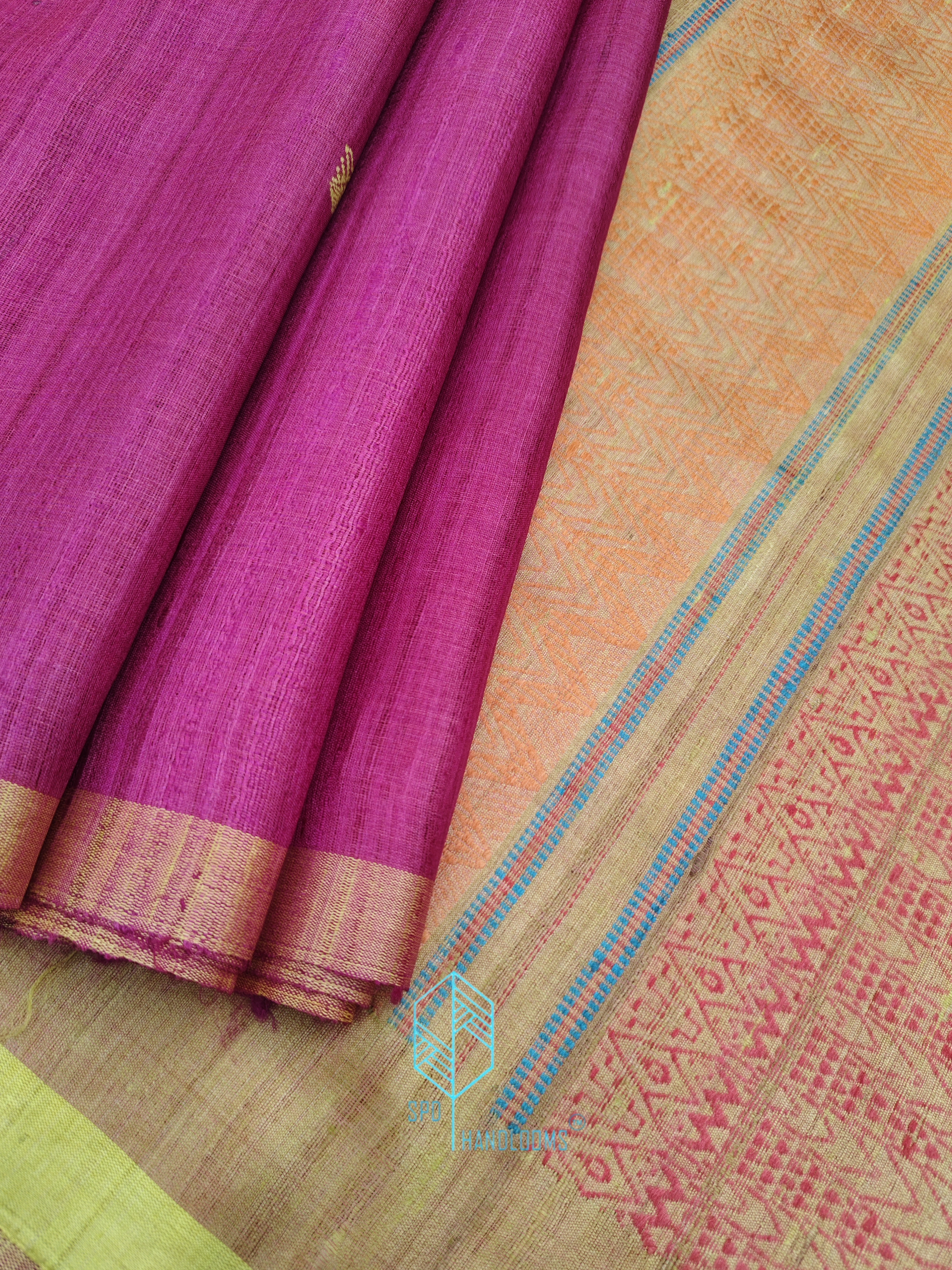 Redish Pink & Yellow Fish Motifs Tussar Saree
