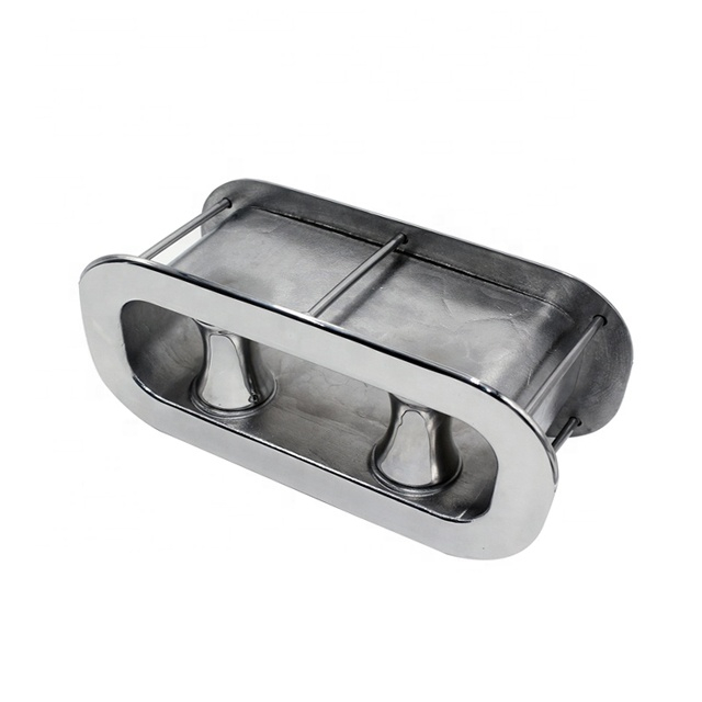 Double-wheel cable guide roller, stainless steel 316, for marine applications.