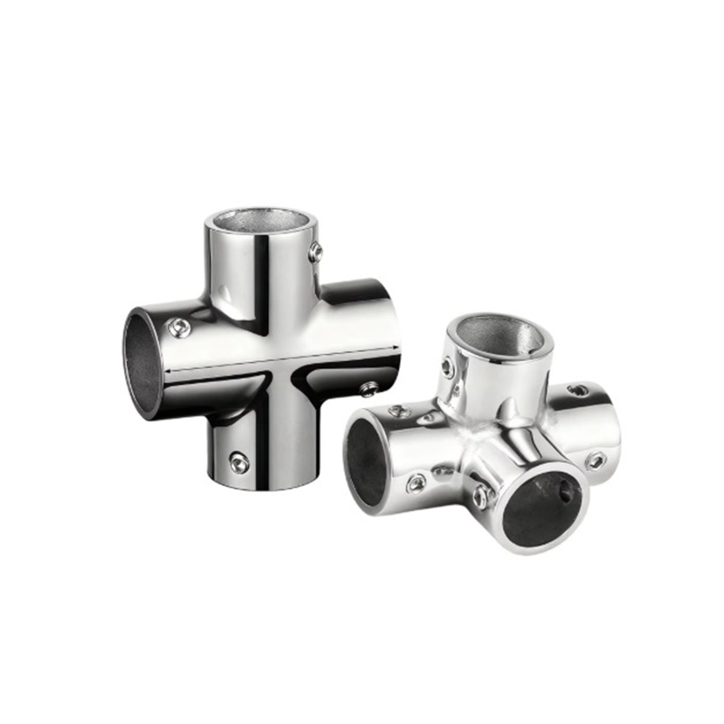 316 Stainless Steel 4-Way Marine-Effect Connector, 22 mm (7/8 inch) outer diameter pipe angle connector, handrail fitting for yachts and boats.