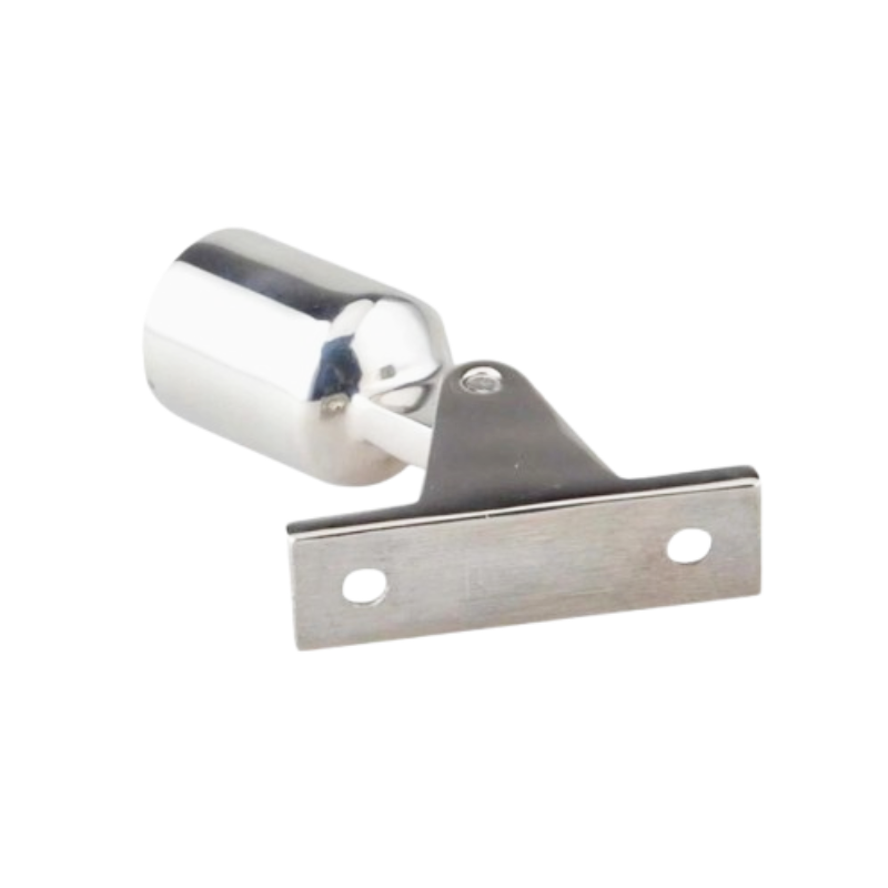 Boat hardware accessories: Strap end caps with holes for securing bimini canopies, made of polished 316 stainless steel.