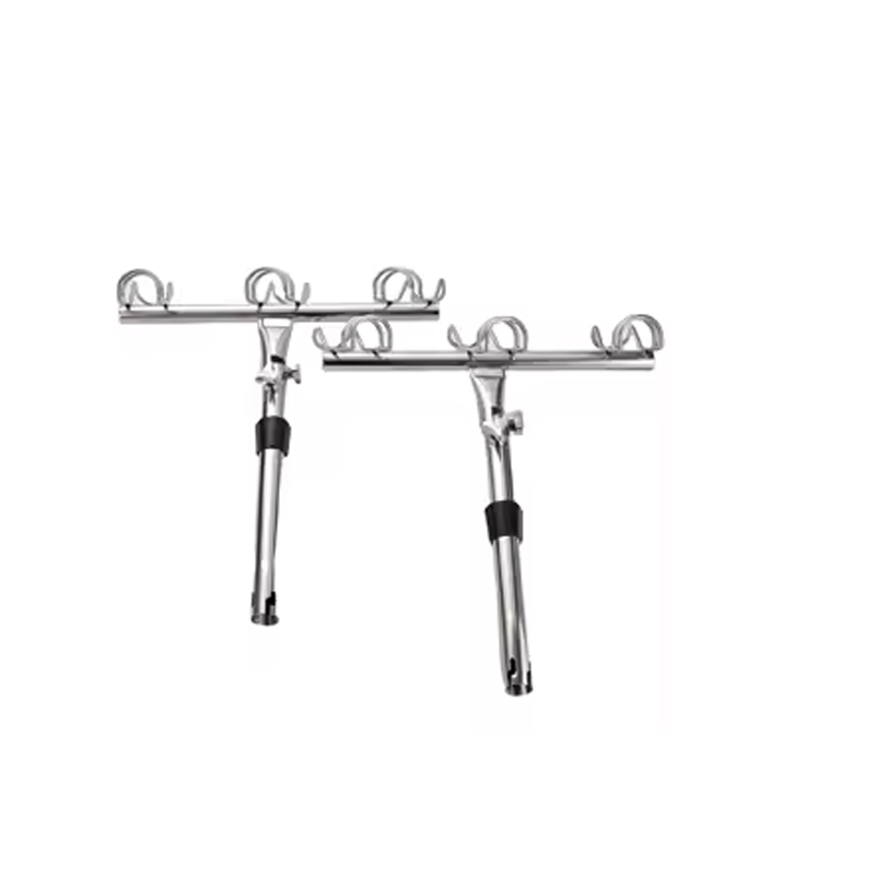 A 3-slot fishing rod holder made of stainless steel.