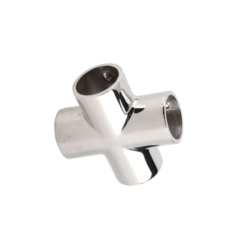 316 Stainless Steel 4-Way Marine-Effect Connector, 22 mm (7/8 inch) outer diameter pipe angle connector, handrail fitting for yachts and boats.