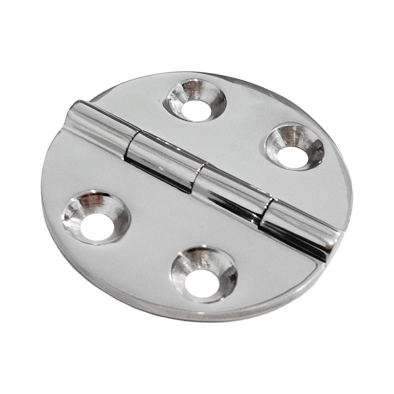 Round hinges for boats, marine equipment, made of polished 316 stainless steel.