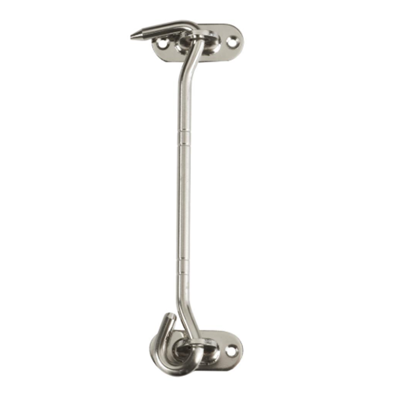 Stainless steel door latch with hook and eye for privacy.