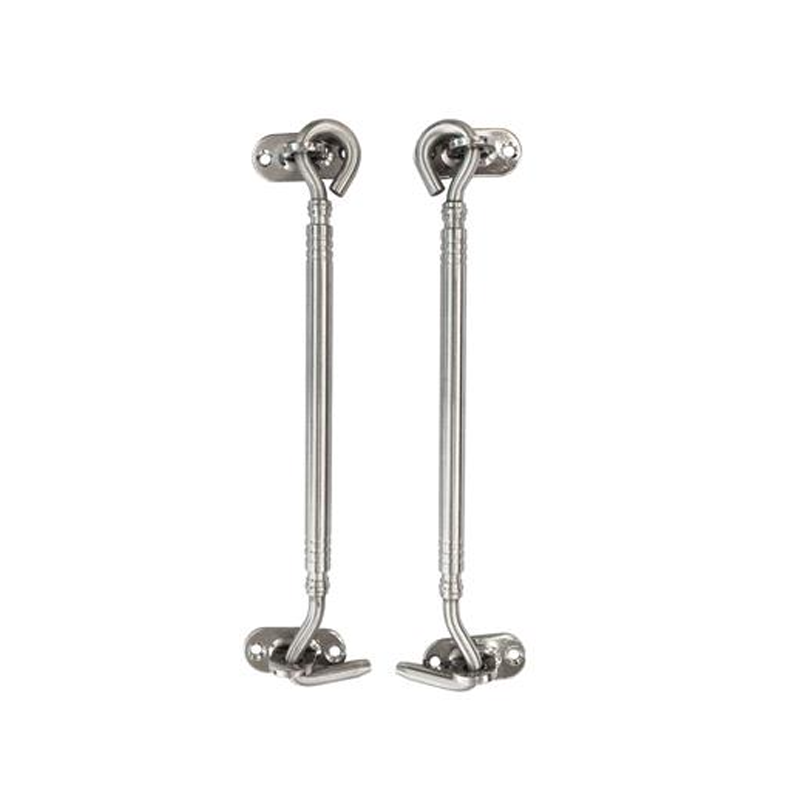 Stainless steel door latch with hook and eye for privacy.