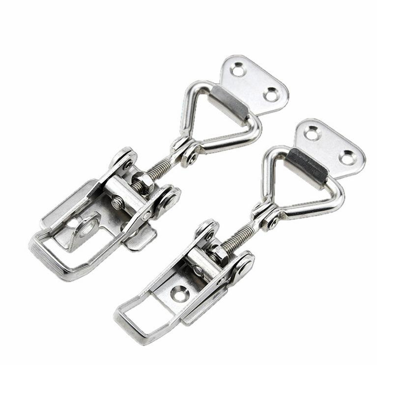 The vertical toggle clamp with galvanized steel locking mechanism is made of carbon steel with a stamped galvanized finish and is packaged in a box.