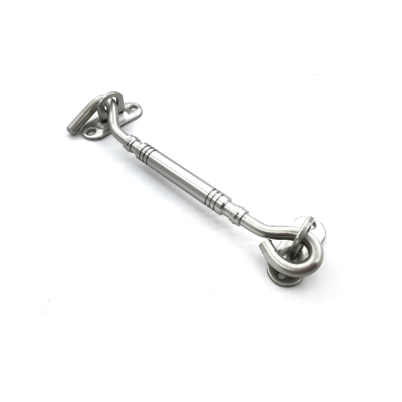 Stainless steel door latch with hook and eye for privacy.