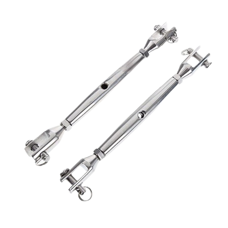 M6 stainless steel wire rope tensioner, penetrating type, for marine applications.
