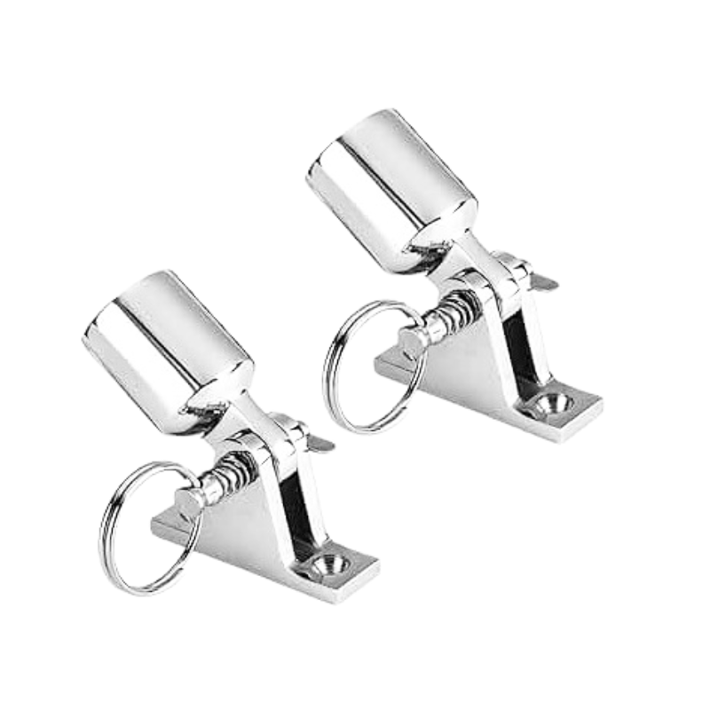 Boat hardware accessories: Strap end caps with holes for securing bimini canopies, made of polished 316 stainless steel.
