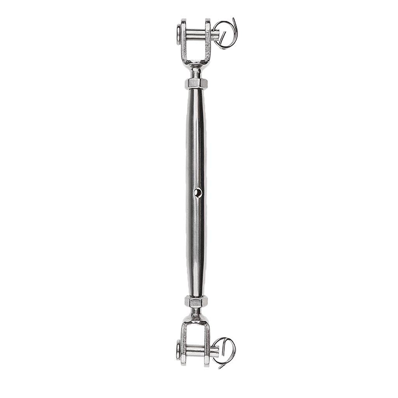 M6 stainless steel wire rope tensioner, penetrating type, for marine applications.