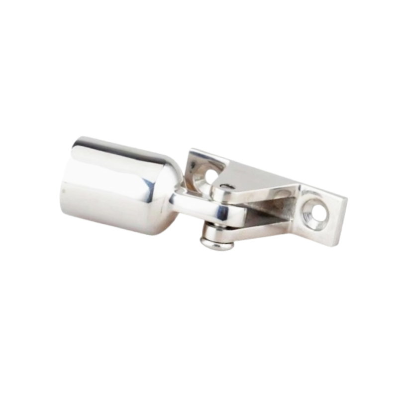 Boat hardware accessories: Strap end caps with holes for securing bimini canopies, made of polished 316 stainless steel.