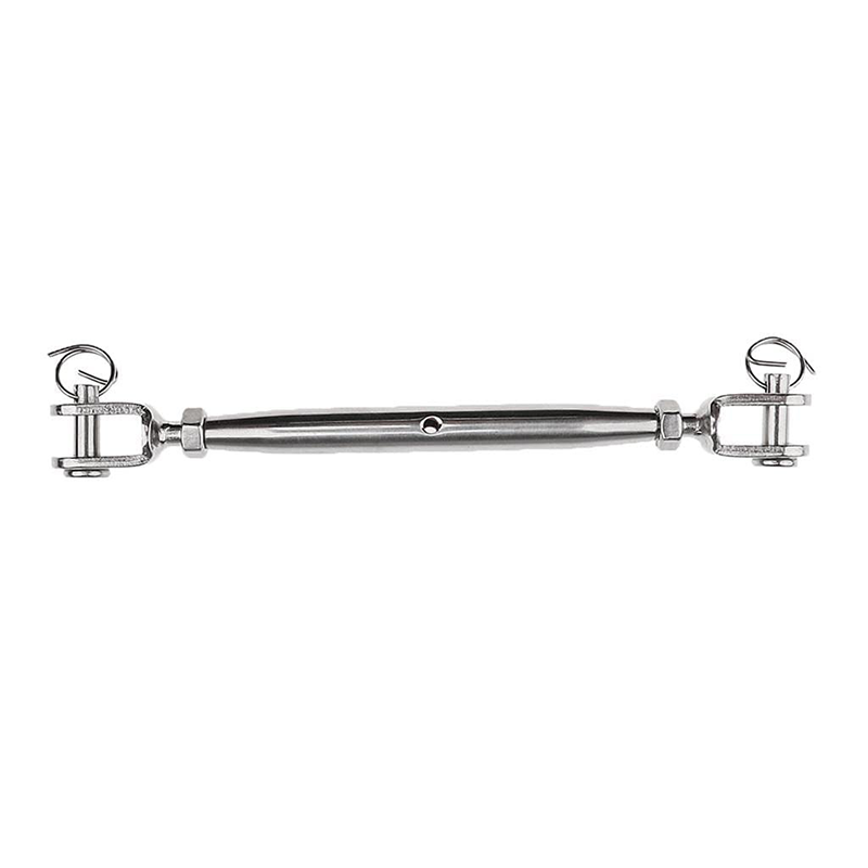 M6 stainless steel wire rope tensioner, penetrating type, for marine applications.
