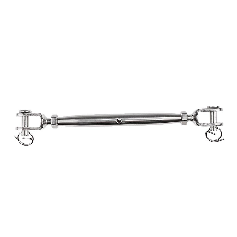 M6 stainless steel wire rope tensioner, penetrating type, for marine applications.