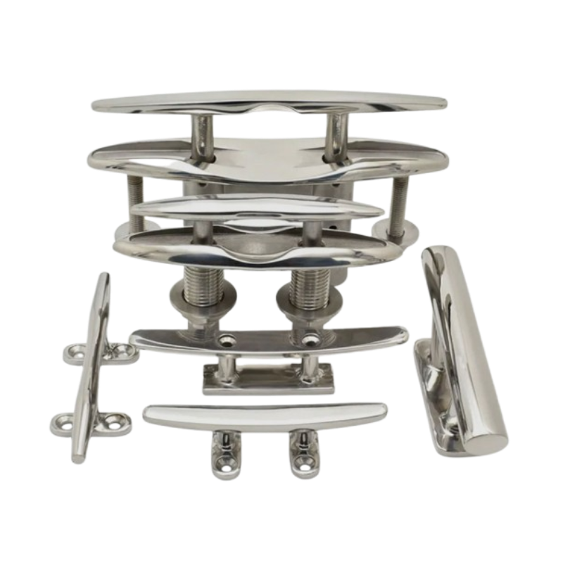 Durable, concealed stainless steel boat cleats, 5-inch and 6-inch sizes, for marine applications.