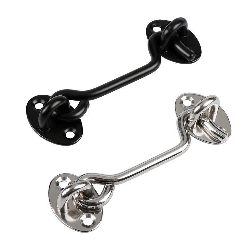 Stainless steel door latch with hook and eye for privacy.