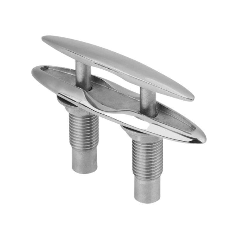 Durable, concealed stainless steel boat cleats, 5-inch and 6-inch sizes, for marine applications.