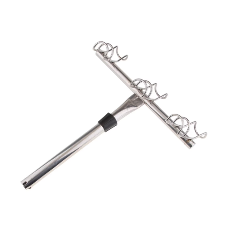 A 3-slot fishing rod holder made of stainless steel.
