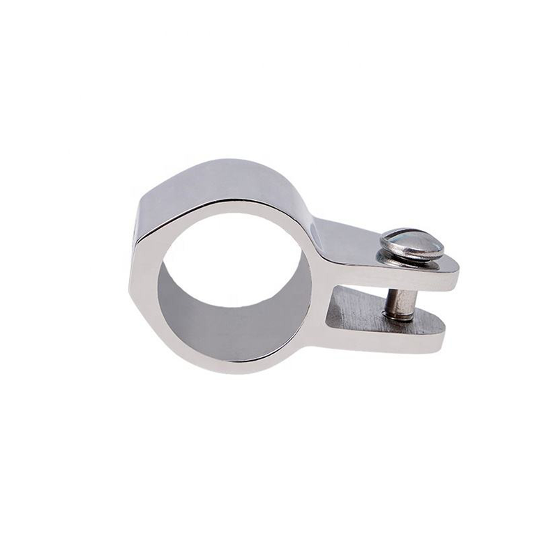 Stainless steel 316 marine-grade yacht canopy mounting slides with 2 mounting screws, for 22mm pipes. Yacht and boat mounting hardware.