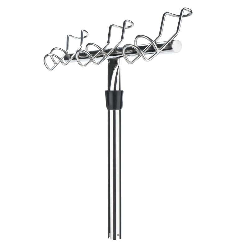 A 3-slot fishing rod holder made of stainless steel.