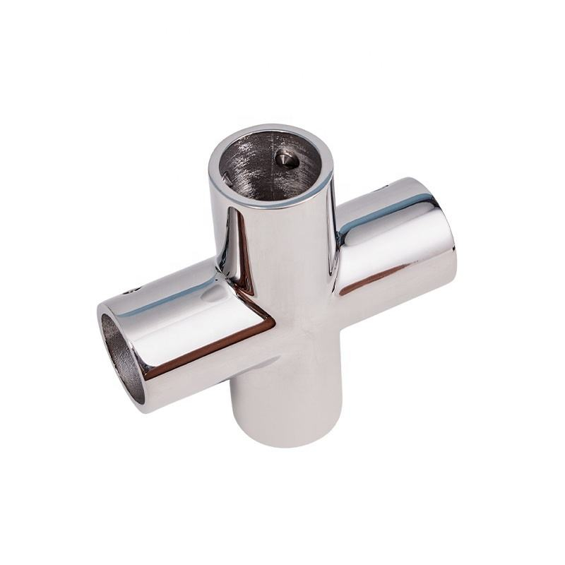 316 Stainless Steel 4-Way Marine-Effect Connector, 22 mm (7/8 inch) outer diameter pipe angle connector, handrail fitting for yachts and boats.