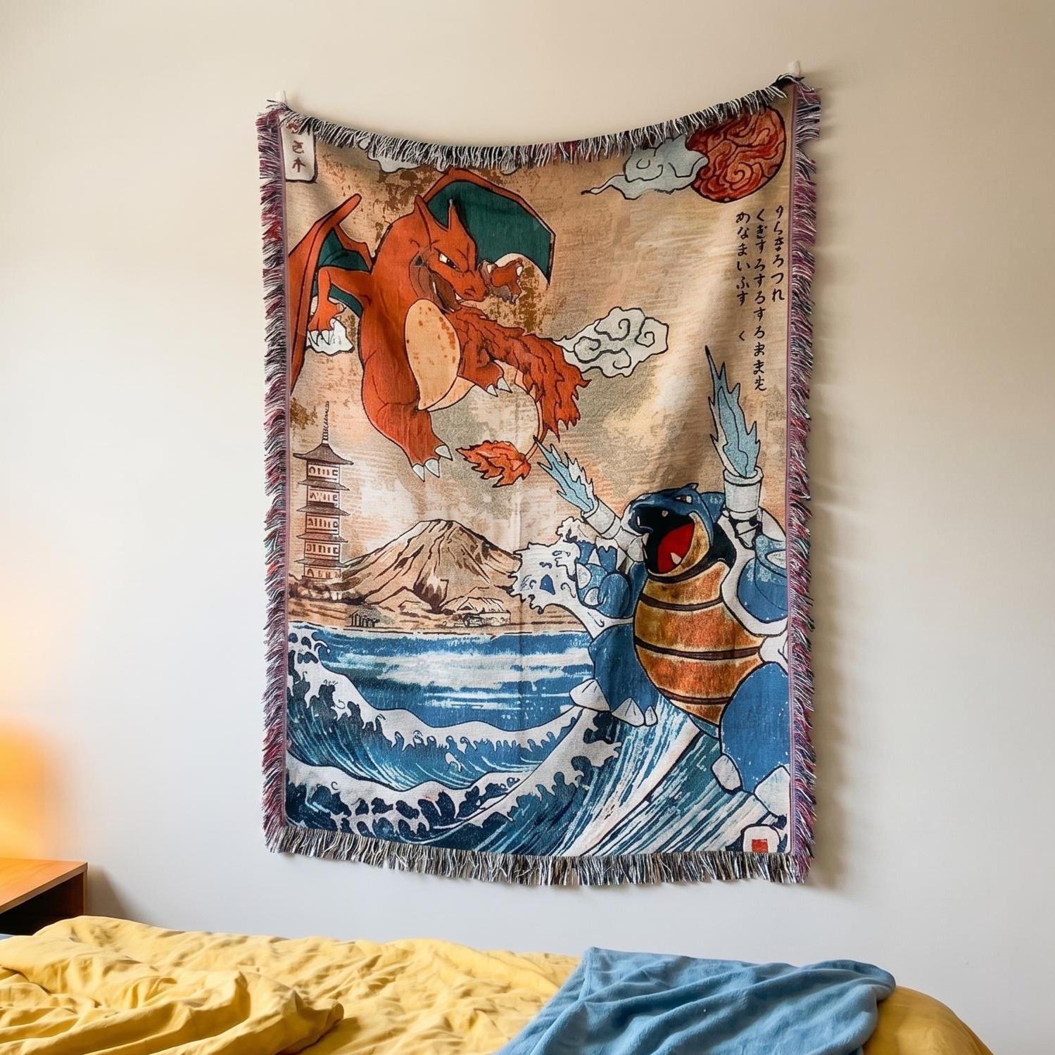 Retro 90s Woven Blanket, Vintage Anime Style Wall Tapestry.