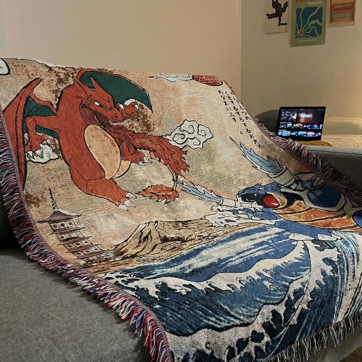 Retro 90s Woven Blanket, Vintage Anime Style Wall Tapestry.