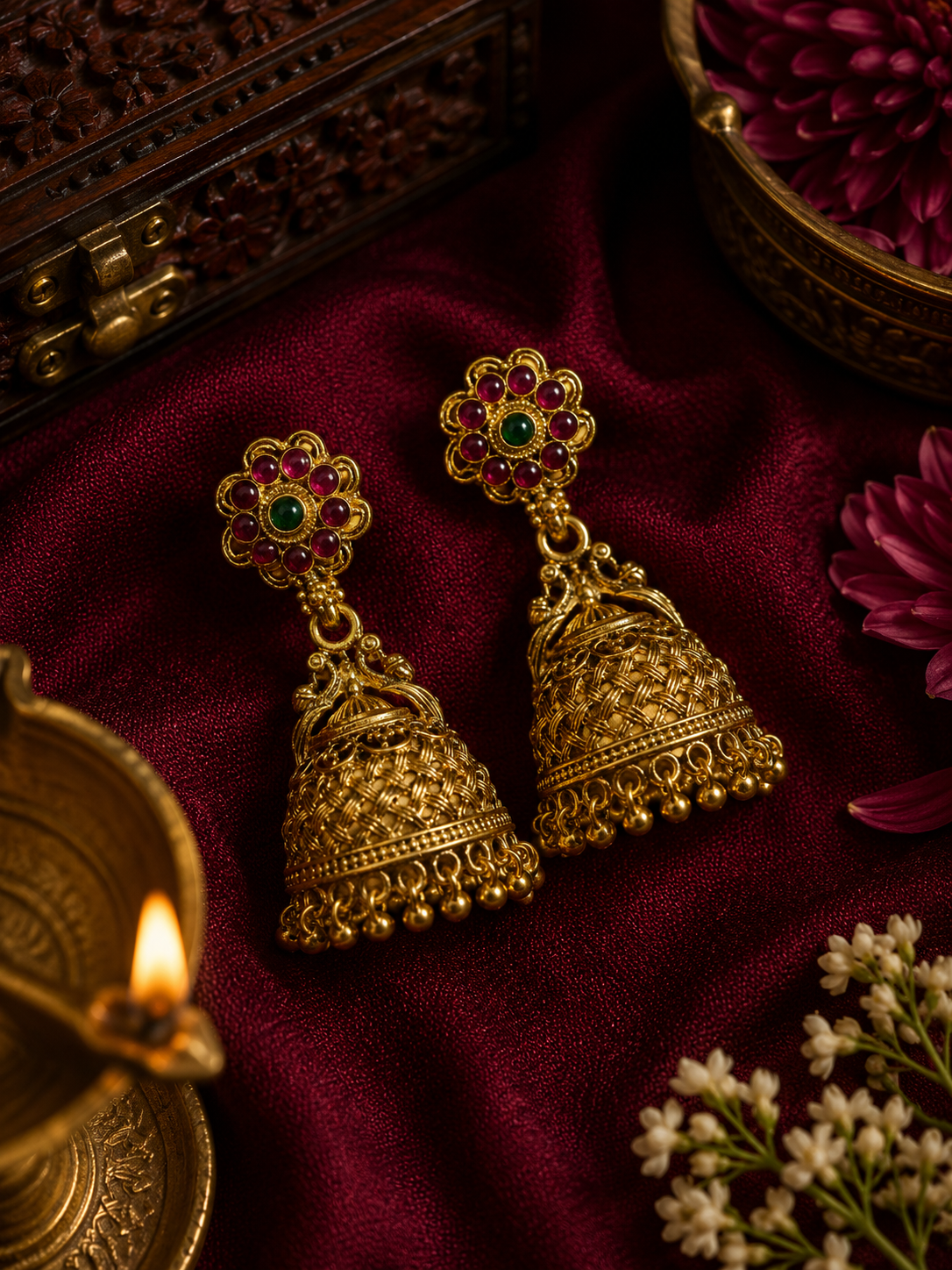 Traditional Weave Gold Jhumka Earrings