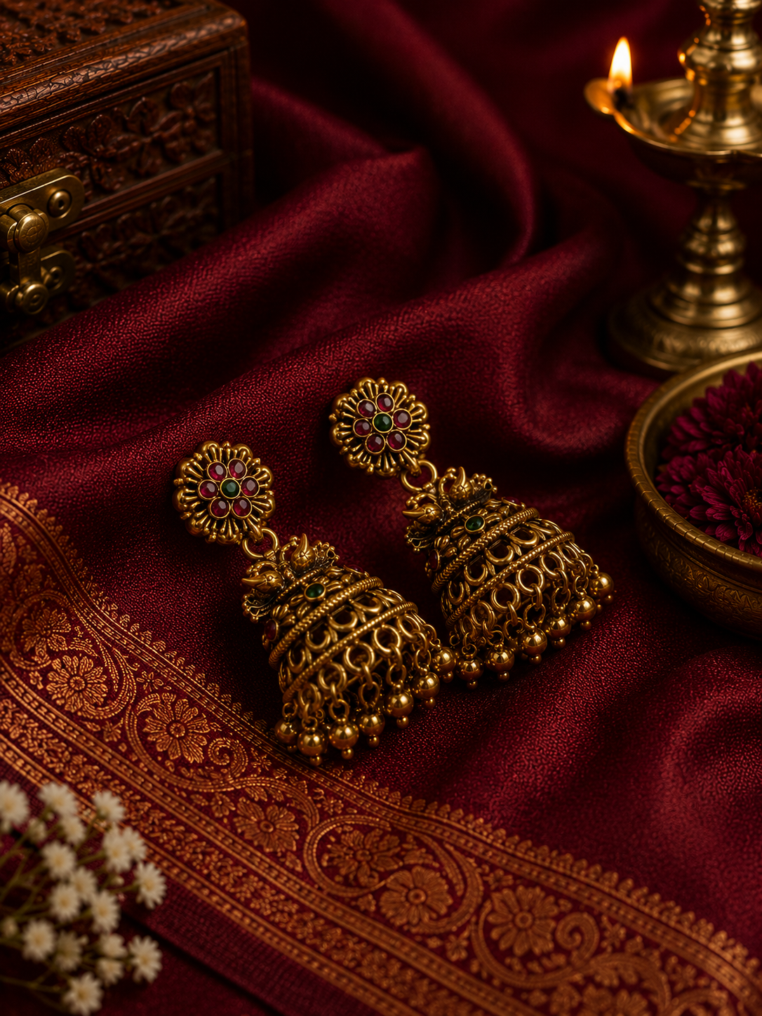 Traditional Gold Floral Jhumka Earrings