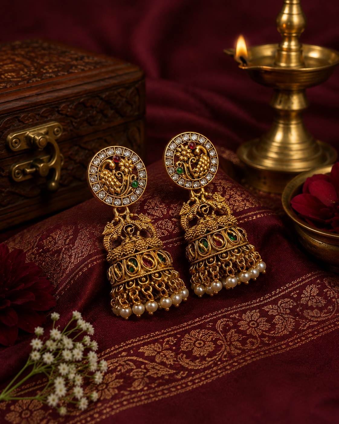 Traditional Temple Peacock Jhumka Earrings
