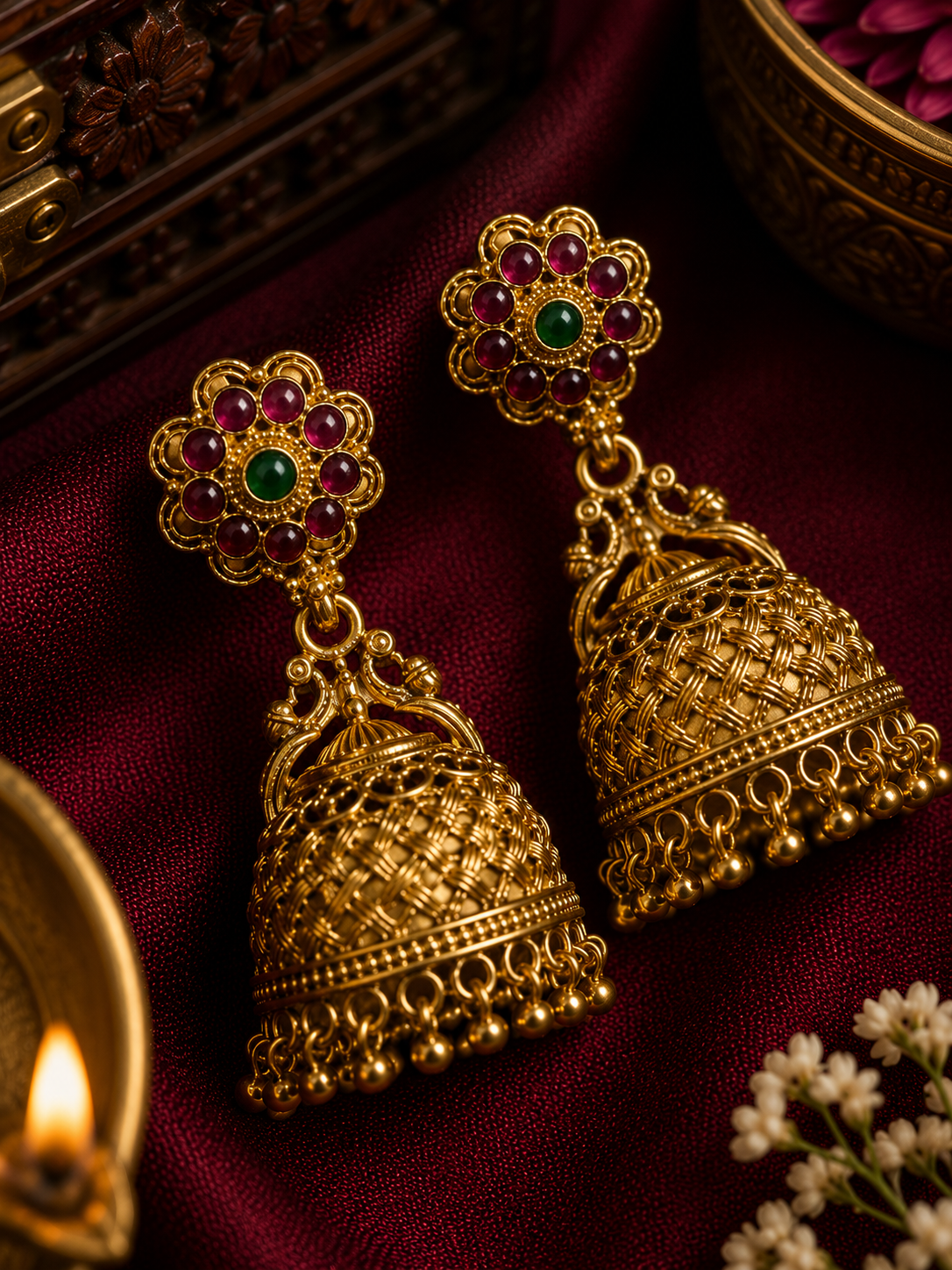 Traditional Weave Gold Jhumka Earrings