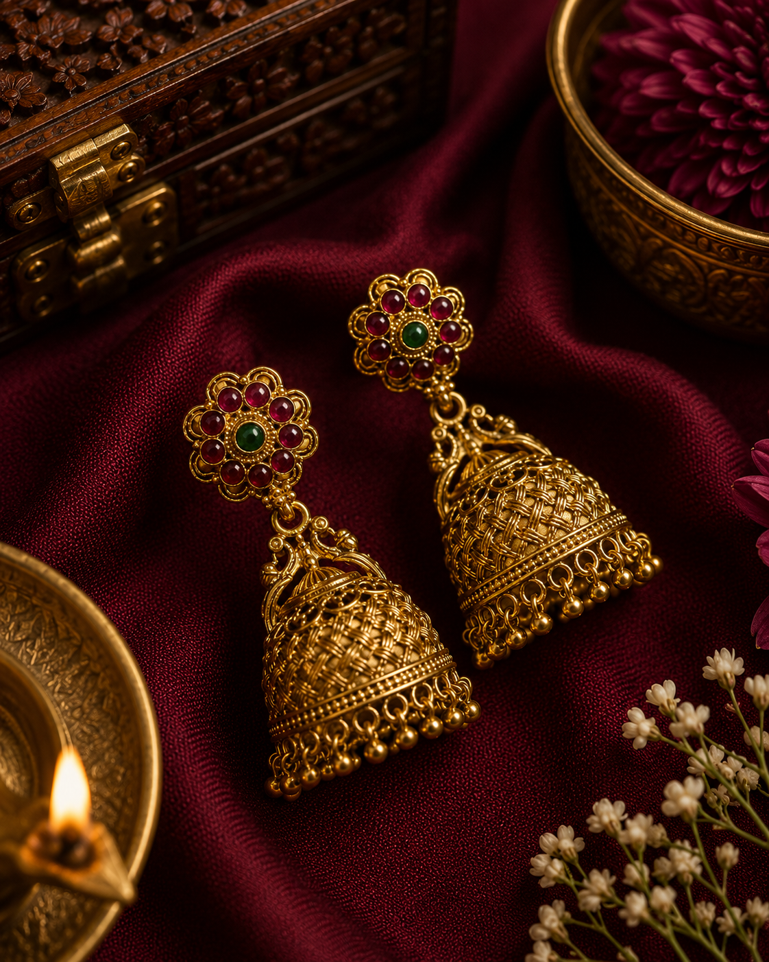 Traditional Weave Gold Jhumka Earrings