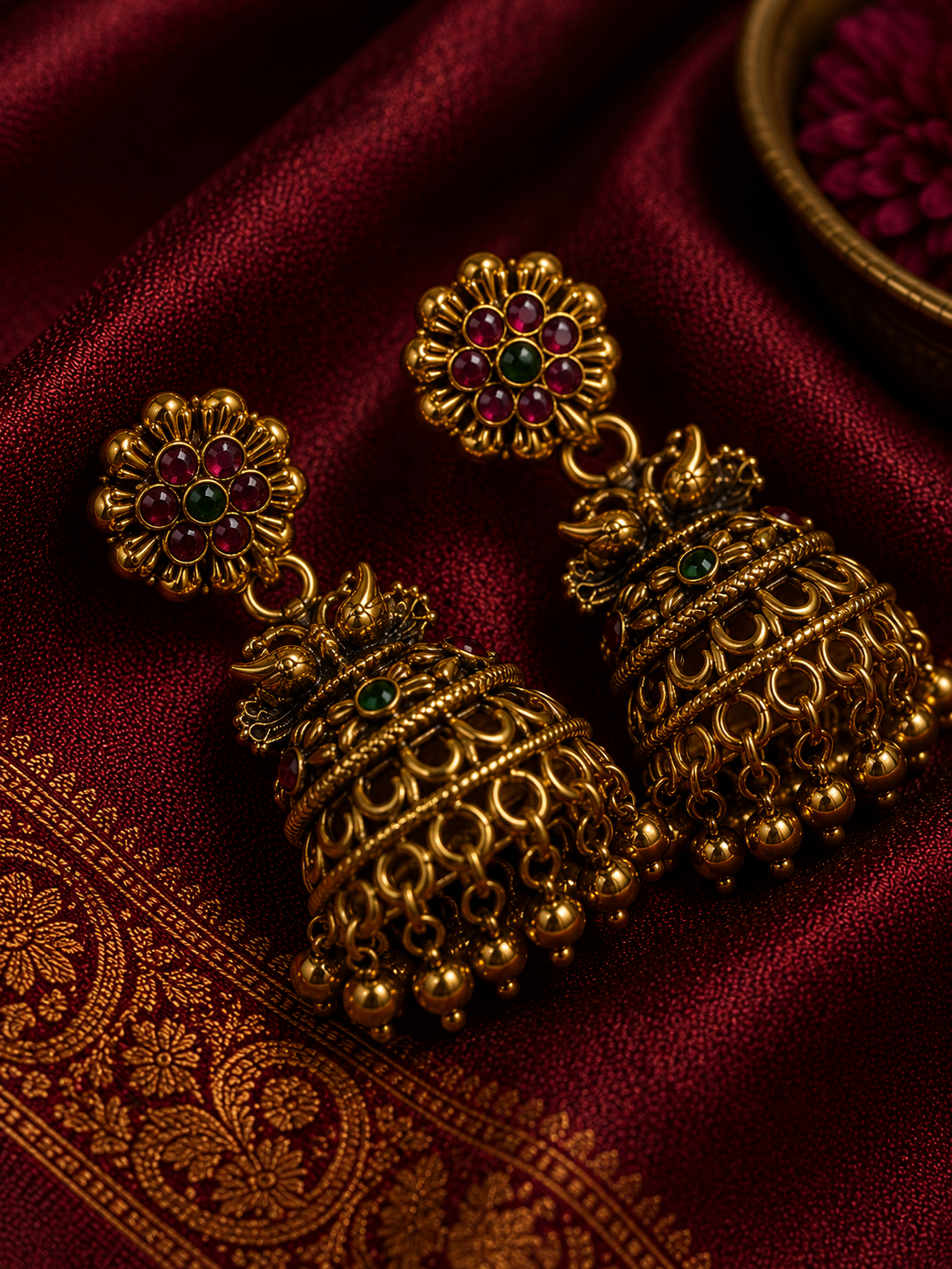 Traditional Gold Floral Jhumka Earrings