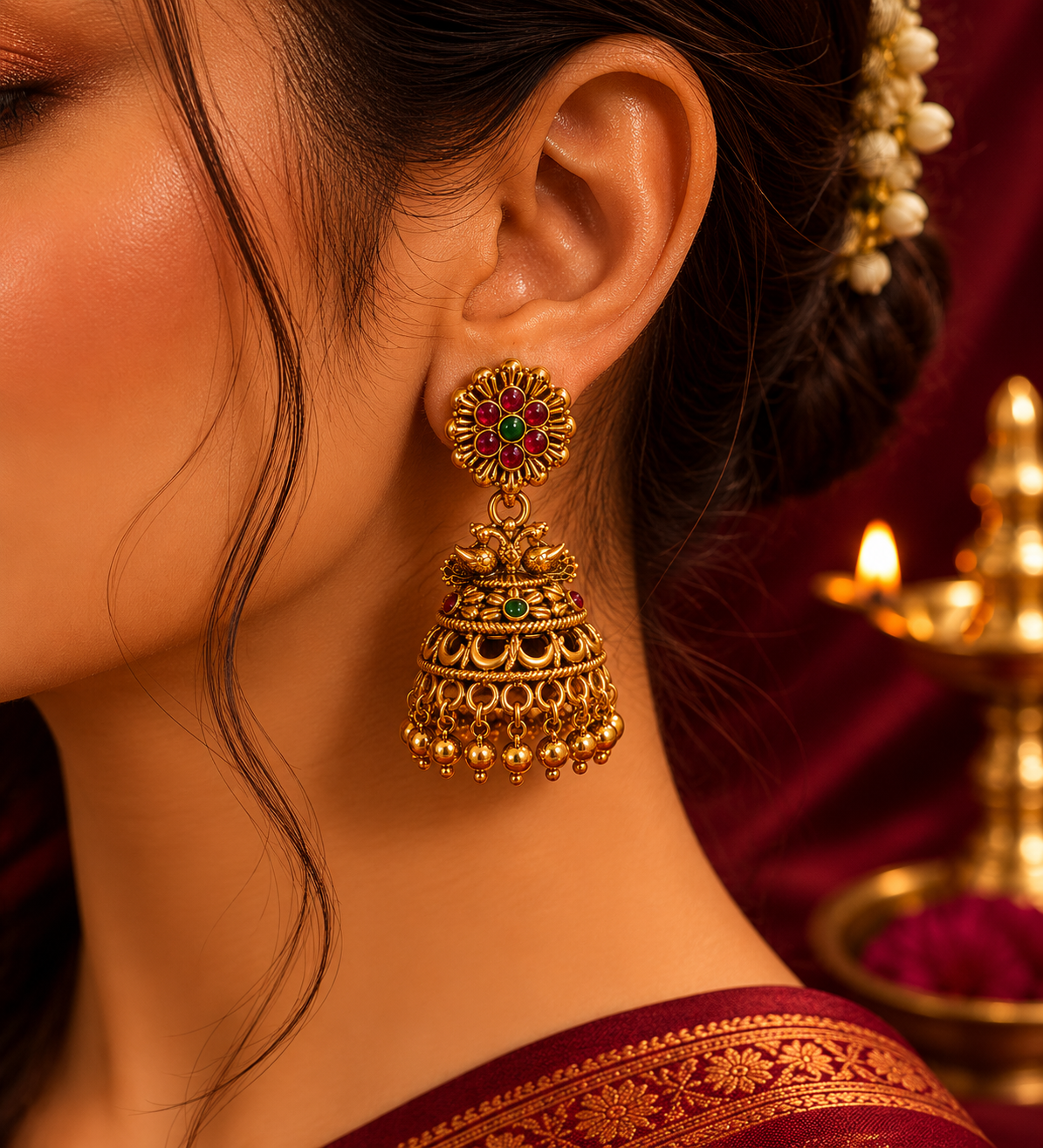 Traditional Gold Floral Jhumka Earrings