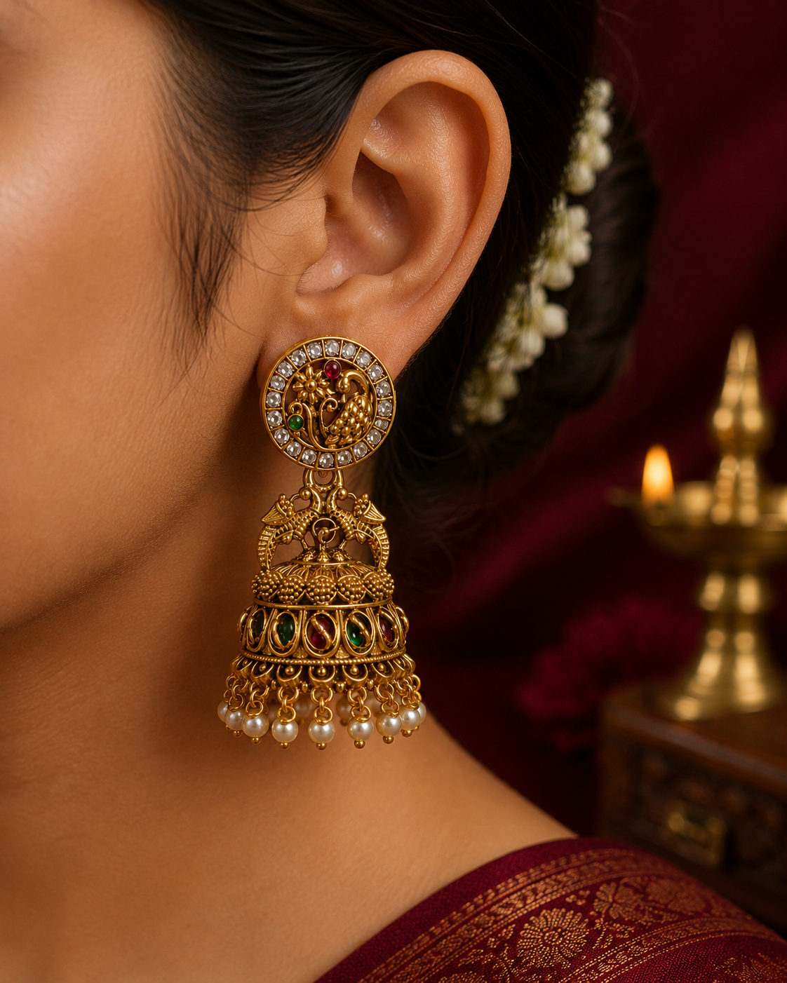 Traditional Temple Peacock Jhumka Earrings