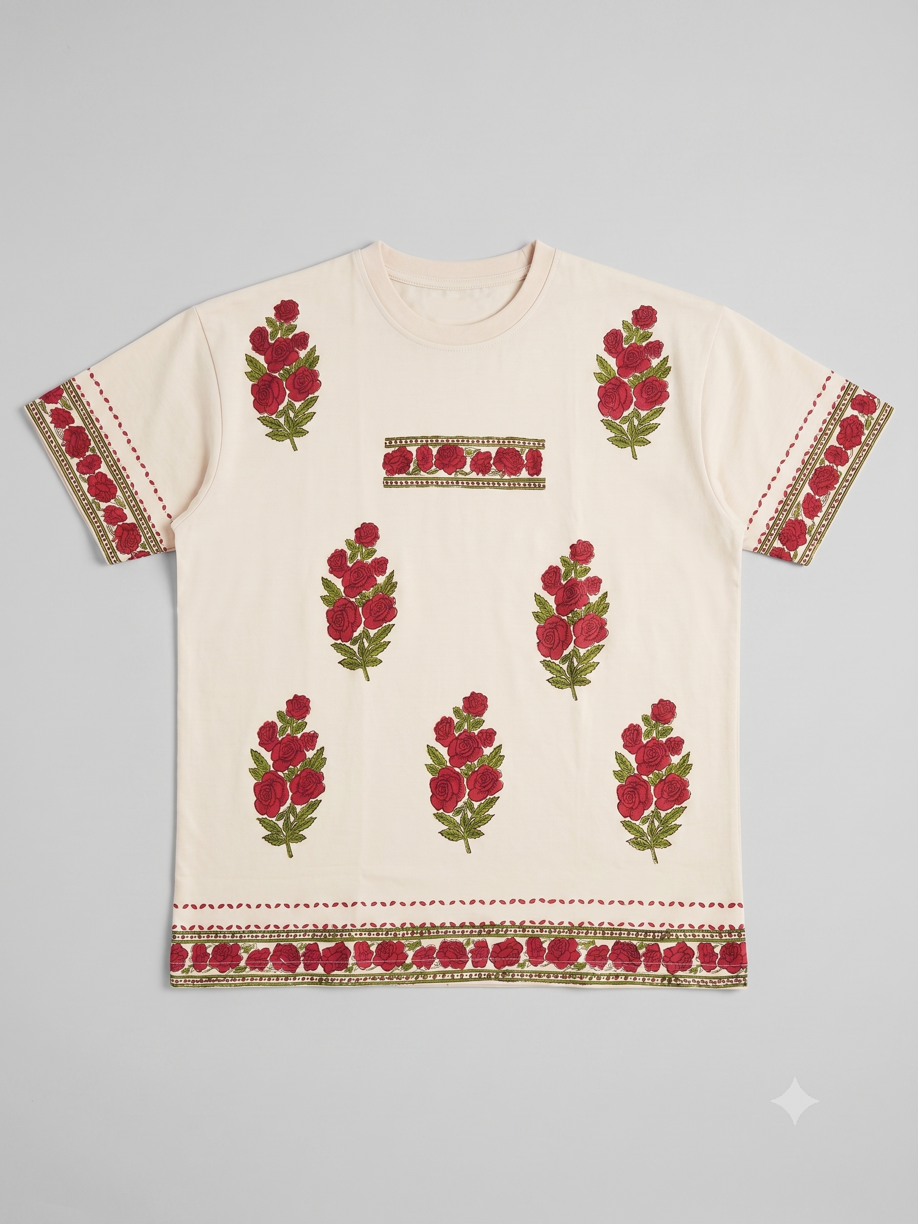 Gulab Flower Hand Block White T-Shirt