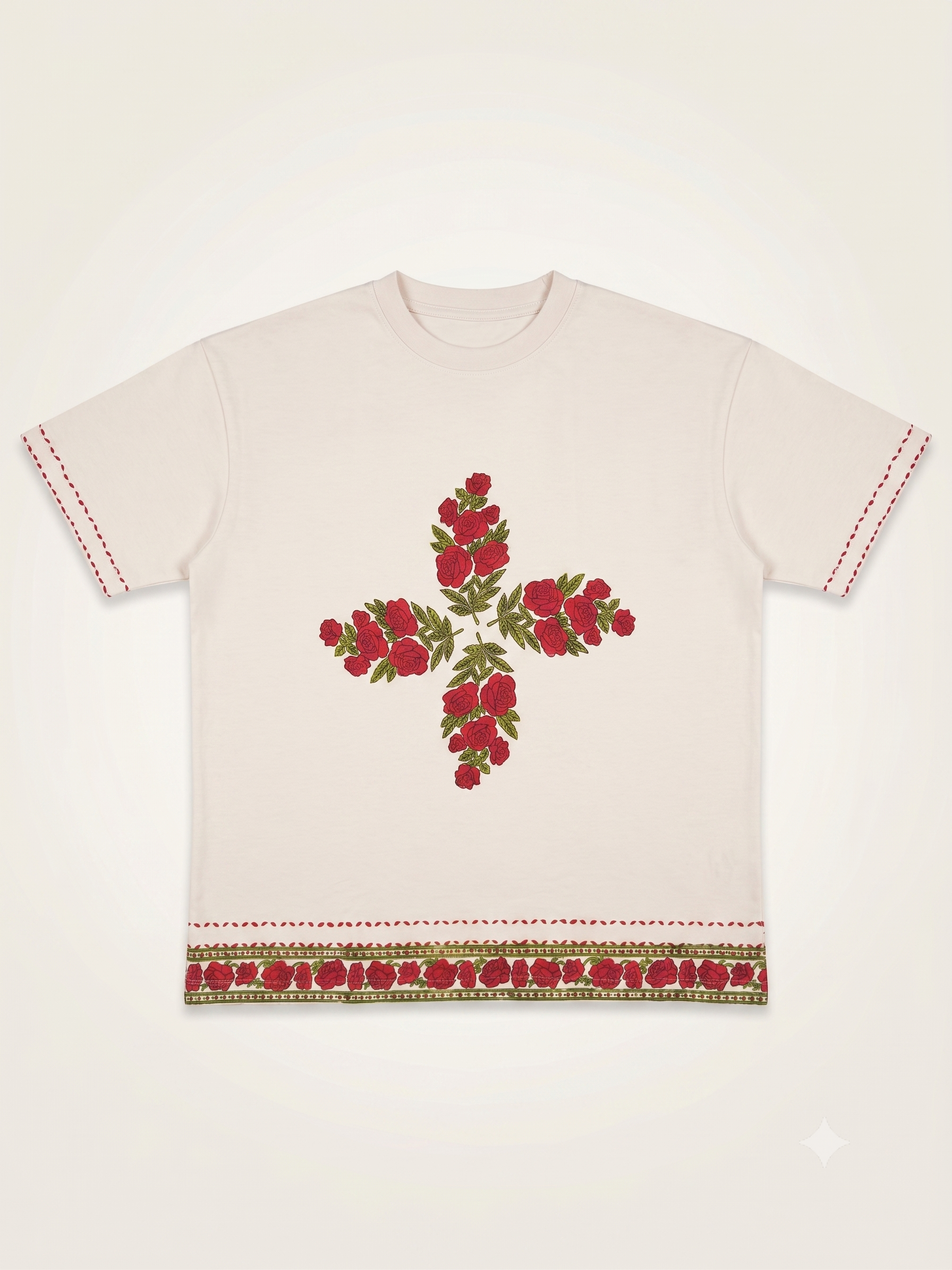 Gulab Flower Hand Block White T-Shirt