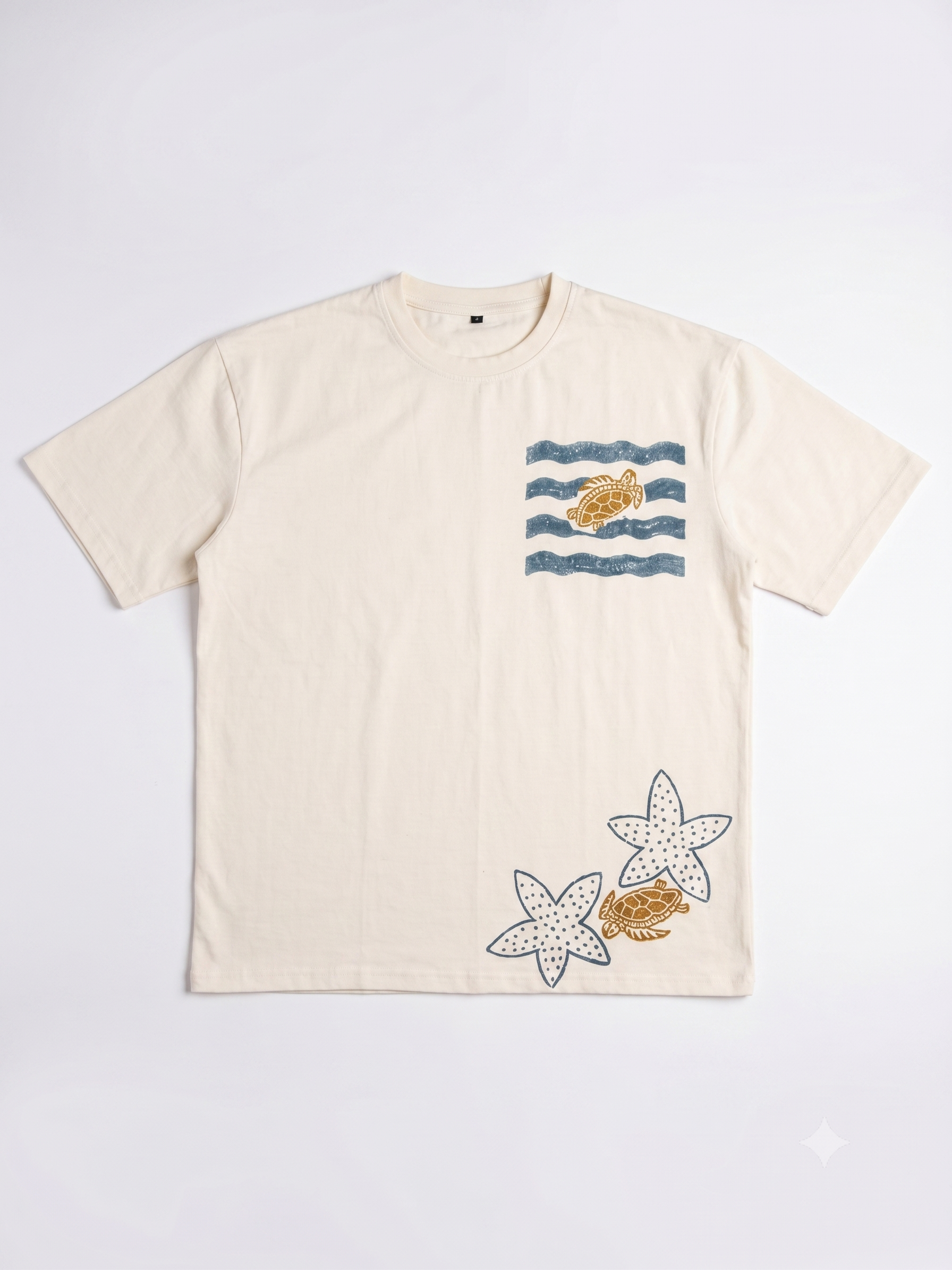 Beige Starfish hand block T-Shirt