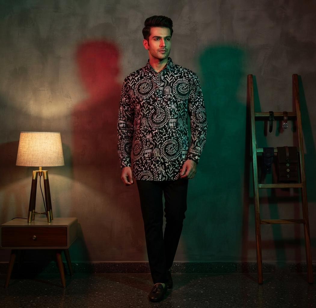 Men's Indigo Monochrome Tribal Print Ethnic Kurta