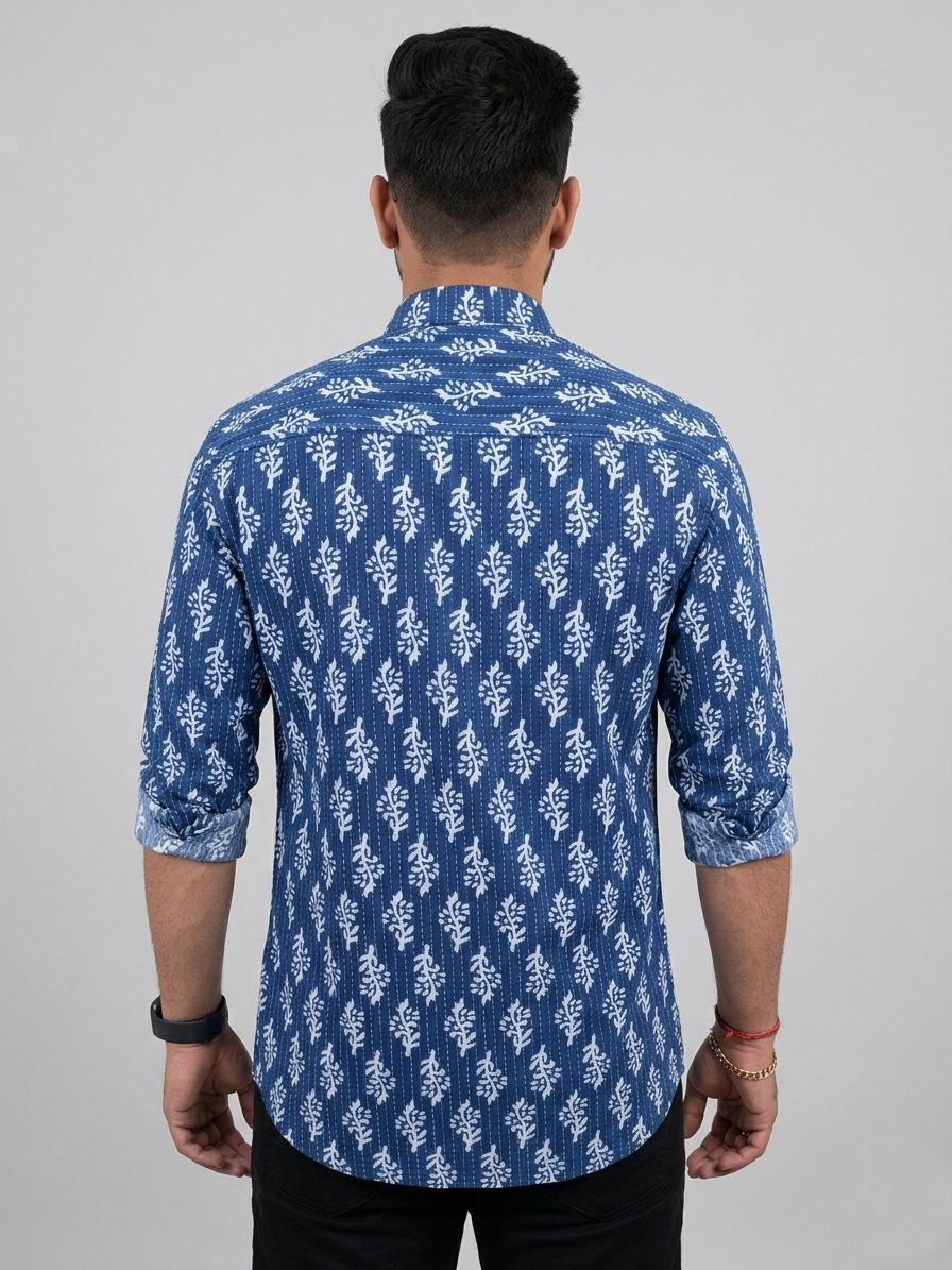 Men's Indigo Blue Cotton Hand-Block Print Short Kurta