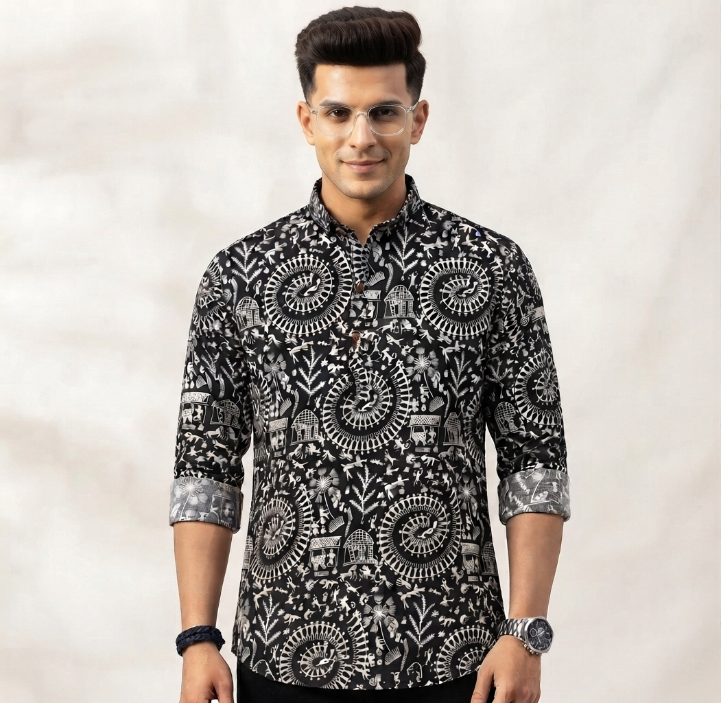 Men's Indigo Monochrome Tribal Print Ethnic Kurta