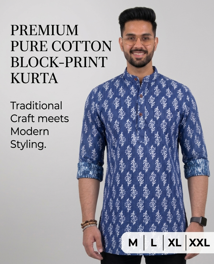 Men's Indigo Blue Cotton Hand-Block Print Short Kurta